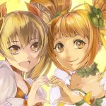  2girls blonde_hair breakblack brown_eyes brown_hair choker color_connection cure_rosetta cure_sunshine dokidoki!_precure double_bun flower hair_flower hair_ornament heart heart_hands heart_hands_duo heartcatch_precure! long_hair magical_girl multiple_girls myoudouin_itsuki precure smile twintails wrist_cuffs yellow_background yotsuba_alice 