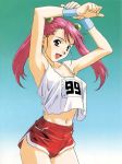  arms_up artist_request blue_eyes character_request copyright_request cowboy_shot gym_shorts hair_bobbles hair_ornament midriff navel open_mouth pink_hair short_shorts shorts simple_background solo twintails wristband 