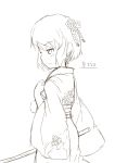  1girl blush character_request highres japanese_clothes kimono monochrome muku-coffee short_hair simple_background solo sword weapon white_background 