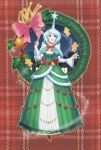  :d bell blue_eyes blue_hair bow candy_cane christmas cookie dress earrings food gingerbread_man highres jewelry open_mouth original ornament sanosuke_(mikeneko-ice) siromokuba smile solo star wings wreath 