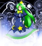  bowtie capelet crescent ghost ghost_tail green_eyes green_hair hat highres long_hair magic_circle mima runes smile solo star sun_(symbol) touhou touhou_(pc-98) wizard_hat 