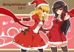  blush braid christmas dress hat long_hair mistletoe multiple_girls original pantyhose santa_costume sirills thigh-highs thighhighs zettai_ryouiki 