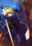  blonde_hair excalibur fate/stay_night fate/zero fate_(series) formal saber solo suit sword torn_clothes weapon yangsion 