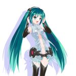 absurdres amino_kohaku aqua_eyes aqua_hair arms_up breasts bridal_gauntlets center_opening green_eyes green_hair hatsune_miku hatsune_miku_(append) headphones highres long_hair miku_append navel necktie open_mouth simple_background solo thigh-highs thighhighs twintails very_long_hair vocaloid vocaloid_append white_background 