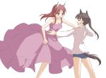  animal_ears blush breasts dress kanata_(sentiment) minna-dietlinde_wilcke multiple_girls outstretched_arms sakamoto_mio simple_background spread_arms strike_witches tail tears yuri 