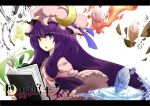  :o book bookmark bow bust crescent crystal fire frills gears gj_(minoru) hair_bow hat leaf letterboxed long_hair magic patchouli_knowledge purple_eyes purple_hair rock solo touhou very_long_hair violet_eyes water 