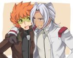  arm_around_neck black_gloves blue_eyes dark_skin gloves grin gundam gundam_age inaho largan_drace male multiple_boys open_clothes open_jacket open_mouth orange_hair smile sunglasses tan white_hair woolf_enneacle 