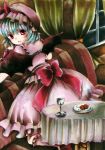  acha-1105 acha0031 back bad_proportions bat_wings blue_hair bow couch cup curtains dish dress food frills hat kneehighs kneeling looking_at_viewer looking_back open_mouth red_eyes remilia_scarlet ribbon short_hair skirt solo table tablecloth touhou traditional_media watercolor_(medium) window wine_glass wings wrist_cuffs 