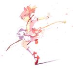  bad_id bow bow_(weapon) bubble_skirt closed_eyes dress eyes_closed gloves hair_bow kaname_madoka leg_up magical_girl mahou_shoujo_madoka_magica pink_hair short_hair short_twintails solo twintails ume_(plumblossom) weapon 