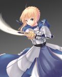  ahoge armor armored_dress blonde_hair clenched_teeth dress excalibur fate/stay_night fate/zero fate_(series) faulds frown gauntlets green_eyes hair_ribbon looking_at_viewer nksk ribbon saber slashing solo sword weapon 