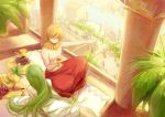  barefoot blonde_hair bracelet enkidu_(fate/strange_fake) fate/stay_night fate/strange_fake fate/zero fate_(series) food fruit gilgamesh green_eyes green_hair indian_style jewelry long_hair male multiple_boys nebo+ pointing red_eyes shirtless short_hair sitting temple wine wine_goblet 