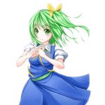  blush bow daiyousei dress green_eyes green_hair hair_bow hands_clasped hands_together harufa interlocked_fingers light_smile short_hair side_ponytail simple_background smile solo touhou 
