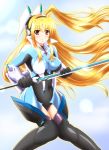  blonde_hair bodysuit cosplay diesel-turbo fate_testarossa kazanari_tsubasa kazanari_tsubasa_(cosplay) long_hair lyrical_nanoha mahou_shoujo_lyrical_nanoha mahou_shoujo_lyrical_nanoha_strikers mizuki_nana red_eyes seiyuu_connection senhime_zessho_symphogear senki_zesshou_symphogear solo sword thigh-highs thighhighs weapon 