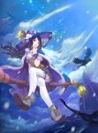  black_hair broom broom_riding building cape cloud corset crossed_legs crown dome feathers fur_trim hat hat_ribbon lamp lantern lips long_hair night night_sky open_mouth original ribbon shoes sidesaddle sitting skirt sky smile solo thigh-highs thighhighs tob white_legwear witch witch_hat wrist_cuffs zettai_ryouiki 