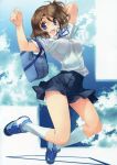  :d absurdres amazuyu_tatsuki arms_up bag blue_eyes breasts brown_hair copyright_request footwear highres jumping open_clothes open_mouth open_shirt ribbon school_uniform shirt shoes short_hair skirt smile sneakers socks solo 