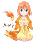  1girl :o bad_id blue_eyes charmander dress fiery_tail fire hands_together long_sleeves looking_at_viewer orange_(color) orange_hair personification pokemon pokemon_(game) sasanoha1203 short_hair simple_background sitting solo sweater white_background 