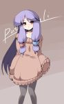  :&lt; breasts character_name choker cleavage contemporary frown hair_ribbon kotepo long_hair pantyhose patchouli_knowledge purple_hair red_eyes ribbon simple_background sleeves_past_wrists solo sweater sweater_dress touhou very_long_hair 
