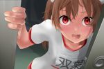  bad_id blush brown_hair caught face gym_storeroom gym_uniform hands long_hair open_mouth opening_door original public restroom solo surprised sweatdrop translation_request twintails yuki18r 