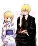  1girl ahoge blonde_hair blush fate/stay_night fate/tiger_colosseum fate_(series) food fruit gilgamesh green_eyes japanese_clothes jewelry kimono proposal red_eyes ring saber sadakofxe watermelon wedding_ring 