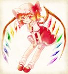  blonde_hair chaba_(hortensia) crystal flandre_scarlet grin hat long_hair mary_janes red_eyes shirt shoes side_ponytail skirt skirt_set smile solo the_embodiment_of_scarlet_devil touhou wings wrist_cuffs 