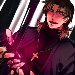  bangs brown_eyes brown_hair cassock coat dutch_angle eyebrows fate/stay_night fate_(series) kotomine_kirei male mud mullet parted_bangs solo zihad 