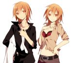  bad_id belt brother_and_sister brown_eyes brown_hair hand_on_hip hijiri_(resetter) hips midriff navel necktie open_clothes open_shirt original pants red_butt shirt short_hair siblings sleeves_rolled_up smile sweatdrop twins 