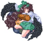  arm_cannon black_wings bow brown_hair cape fire flame hair_bow long_hair maman pixel_art red_eyes reiuji_utsuho skirt smile solo touhou very_long_hair weapon wings 