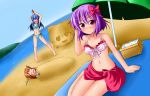  alternate_costume basket bikini blindfold blue_hair blush bow hair_ornament hakurei_reimu hinanawi_tenshi horn_ribbon horns ibuki_suika ichimi long_hair multiple_girls nagae_iku navel no_hat no_headwear open_mouth orange_hair pun purple_hair red_eyes ribbon sarong short_hair side-tie_bikini sleeping smile suikawari swimsuit touhou umbrella yukkuri_shiteitte_ne 