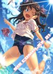  bird blue_eyes blue_sky brown_hair cloud dutch_angle gym_uniform hair_ribbon long_hair ocean one-piece_swimsuit open_mouth original pairan ribbon school_swimsuit seagull shirt shorts sky smile socks solo sun swimsuit swimsuit_under_clothes twintails two_side_up undressing wading wink 