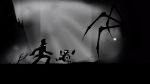  bag beret butterfly child crossover dark glowing glowing_eyes grass greyscale hat hershel_layton highres limbo_(game) luke_triton monochrome professor_layton running satchel shorts sieberwolf silhouette spider top_hat 