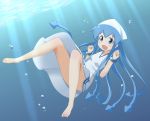  barefoot blue_eyes blue_hair dress hat ikamusume john_shiden long_hair shinryaku!_ikamusume solo tentacle_hair underwater 