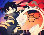  black_hair ene_(kagerou_project) gas_mask headphone_actor_(vocaloid) headphones hexagon honeycomb_background long_hair red_eyes solo souno_kazuki tears twintails vocaloid white_hair 