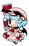  blue_hair chibi cup dress hat highres open_mouth remilia_scarlet short_hair socha solo touhou transparent_background wine_glass wings wink 