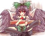  arm_cannon black_bra black_hair black_legwear black_wings bow bra breasts cape fenfenfen hair_bow holding lingerie long_hair open_mouth red_eyes reiuji_utsuho skirt solo thigh-highs thighhighs touhou underwear weapon wings 