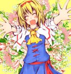  :d ^_^ alice_margatroid ascot bad_perspective blonde_hair bust capelet closed_eyes dress eyes_closed flower hairband kuroi-neko open_mouth outstretched_arms rose sash smile solo touhou 