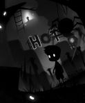  1boy 1girl building butterfly cable city corpse dark dutch_angle fly glowing glowing_eyes grass greyscale hanged ladder limbo_(game) mogumogu_mole monochrome shorts silhouette spider spider_web telephone_pole 