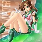  arm_support bishoujo_senshi_sailor_moon brown_hair choker crossed_legs elbow_gloves gloves green_eyes kino_makoto legs_crossed long_hair nzack pointing ponytail sailor_jupiter sailor_senshi sitting solo tiara 