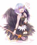  1girl black_wings boots feathers hair_ornament hairclip idolmaster idolmaster_cinderella_girls koshimizu_sachiko microphone open_mouth purple_hair short_hair tetsu_natsuki thigh-highs thigh_boots wings wrist_cuffs yellow_eyes 