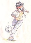  ball brown_hair endou_mamoru inazuma_eleven inazuma_eleven_(series) inazuma_eleven_go kib kicking lowres male short_hair soccer_ball solo traditional_media 