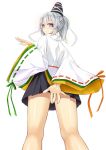  arm_up bespectacled covering covering_crotch glasses hat japanese_clothes kariginu long_sleeves mononobe_no_futo nabeshima_tetsuhiro ponytail purple_eyes shirt silver_hair skirt solo touhou turning upskirt violet_eyes 