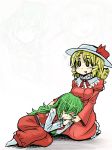  @_@ al_bhed_eyes ascot blonde_hair breast_rest breasts breasts_on_head closed_eyes dress elly frills green_hair hair_over_one_eye hat highres invisible kazami_yuuka kazami_yuuka_(pc-98) kujira_lorant lap_pillow long_hair multiple_girls on_lap projected_inset red_eyes saliva sitting sleeping touhou touhou_(pc-98) umbrella when_you_see_it yellow_eyes youkai 