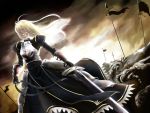  ahoge armor armored_dress blonde_hair dress excalibur fate/stay_night fate_(series) flag gauntlets green_eyes hair_down highres long_hair poker-face-008 puffy_sleeves saber solo sword weapon 