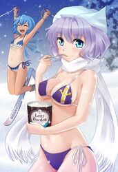  bikini blue_eyes blue_hair breasts cirno closed_eyes eating eyes_closed flat_chest food hat holding_spoon ice_cream large_breasts lavender_hair letty_whiterock looking_at_viewer multiple_girls navel open_mouth perfect_cherry_blossom scarf short_hair side-tie_bikini ski skiing smile snow spoon string_bikini swimsuit taishi_(moriverine) tan tanline touhou 