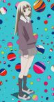  absurdres aqua_background bangs blunt_bangs brown_hair circle footwear green_eyes highres katteni_kaizou long_hair marble natori_umi pleated_skirt screencap shaft shoes skirt socks solo sweater 