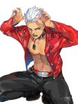 archer collar dark_skin fangs fate/extra fate/extra_ccc fate/stay_night fate_(series) grey_eyes jacket kurozukuri leather_pants male paw_pose red_jacket solo tan white_hair 