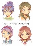  alternate_hairstyle blue_eyes blue_hair blush brown_eyes brown_hair glasses glasses_on_head green_eyes green_hair hair_ornament hairband hairclip inazuma_eleven inazuma_eleven_(series) kino_aki kudou_fuyuka multiple_girls orionis otonashi_haruna purple_hair raimon_natsumi red-framed_glasses 