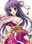  :d bare_shoulders bell blush breasts checkered checkered_background cleavage fan hair_ribbon japanese_clothes kimono long_hair looking_at_viewer obi open_mouth original paper_fan purple_eyes purple_hair ribbon shiramori_yuse smile solo violet_eyes yuse 