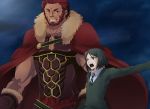  armor bangs beard black_eyes black_hair cape dark_skin facial_hair fate/stay_night fate/zero fate_(series) feather19 male multiple_boys necktie parted_bangs red_hair redhead rider_(fate/zero) size_difference waver_velvet 