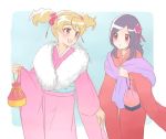  blush fresh_precure! furisode hand_holding higashi_setsuna holding_hands japanese_clothes kimono momozono_love multiple_girls new_year precure uno_(uso) unou_(u.s.o.) winter winter_clothes 