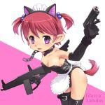  animal_ears apron breasts cat_ears cat_tail cleavage collar dual_wielding elbow_gloves fang gun maid maid_headdress meow_(nekodenki) original pointy_ears purple_eyes red_hair redhead short_hair solo tail thigh-highs thighhighs trigger_discipline violet_eyes waist_apron weapon 